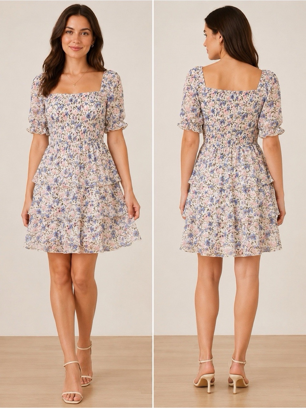 Thirty/Thirty LA Floral Square Neck Smocked Tiered Mini Dress - Size Large